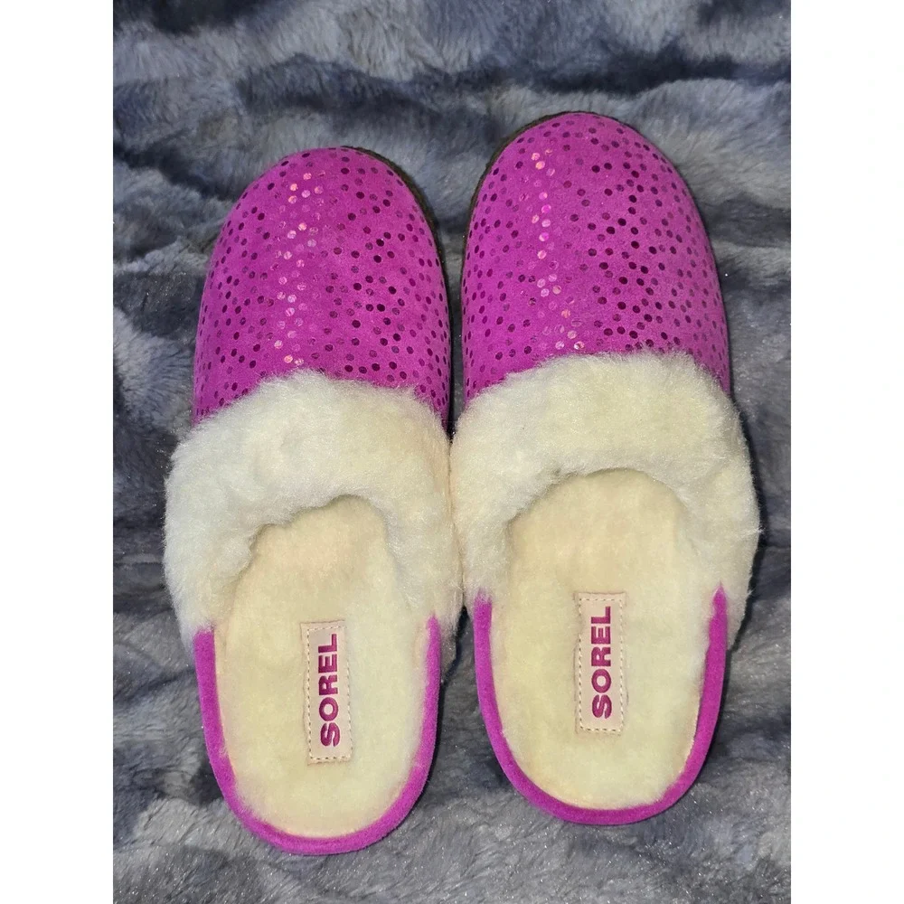 NWB‎ Sorel Youth Nakiska Slide II Pink Sequin Fur Lined Slippers Size 5